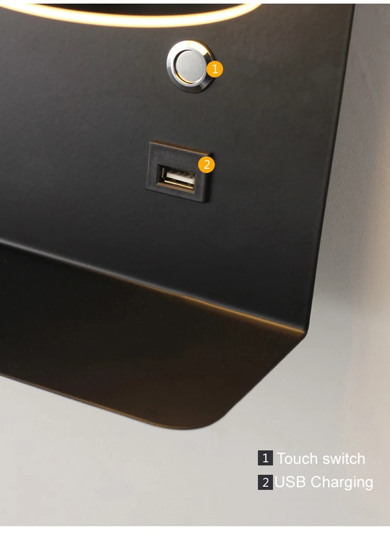 Modern LED Wall Lamp With Switch USB Charging Port 9W Black White Aisle Wall Lights Bedroom Bedside Wall Sconce Decoration Lamps