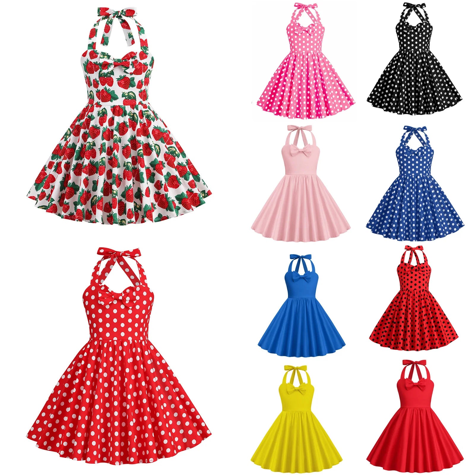 Kids Girls Vintage Halterneck Dress Polka Dots Cherry Strawberry Daily Birthday Party 1950s Swing Dress Summer Princess Dress