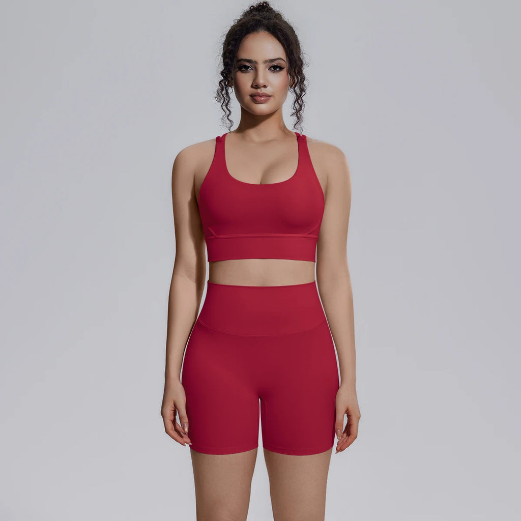2PCS/set Yoga Set Summer Breathable Running Cycling Backless Sports Bra High Waist Peach Buttocks Fitness Shorts Gym Yoga Set