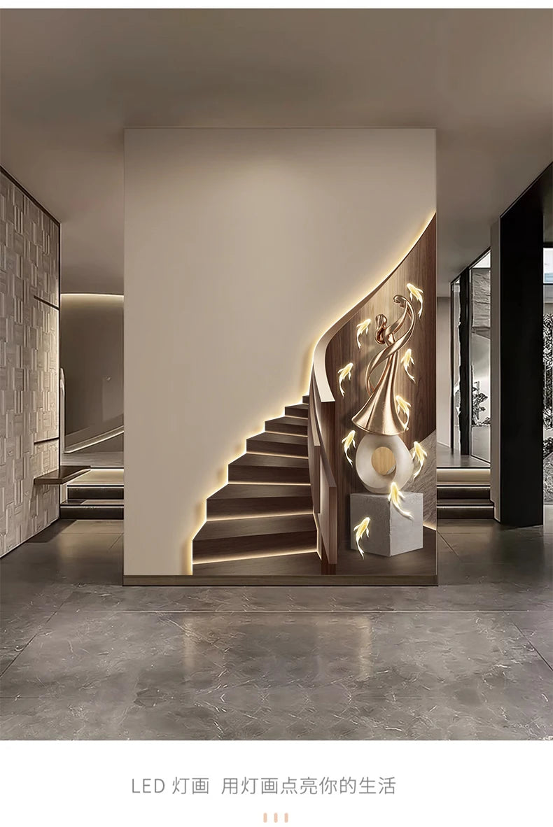 Modern light luxury entrance foyer light painting, stairway-shaped mural, spatial extension effect hanging painting, LED ambient