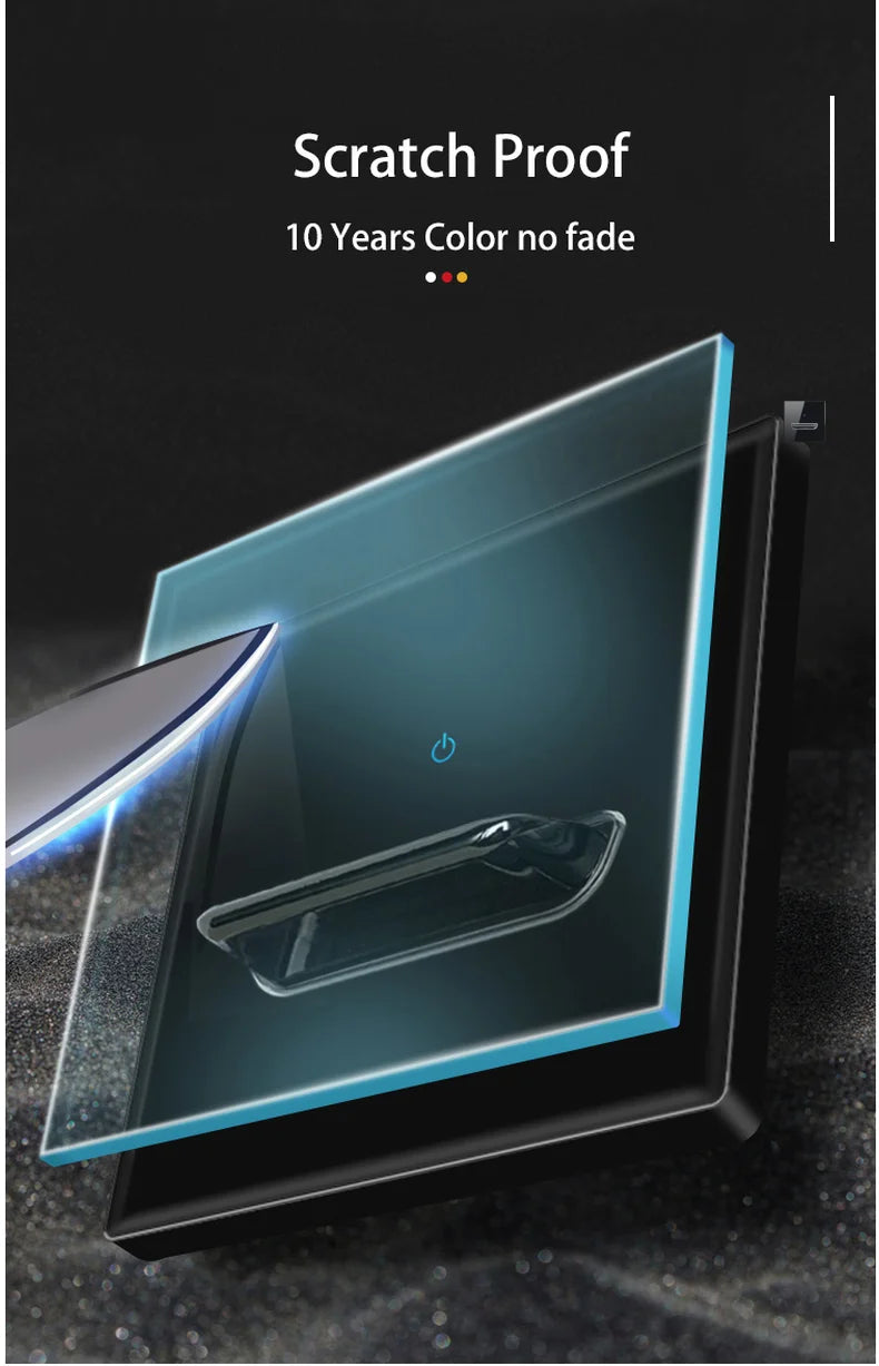 Wall Light Switch Chrome Toggle Press Button Tempered Glass Plate Blue LED Light 1 2 3 4 Gang White Black Gray Gold