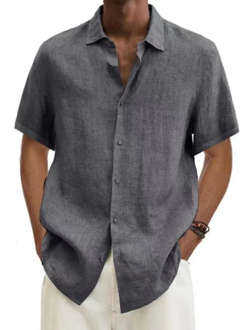 Men's Short Sleeve Linen Blend Shirt Casual Button Down Collar Lightweight Breathable Top
