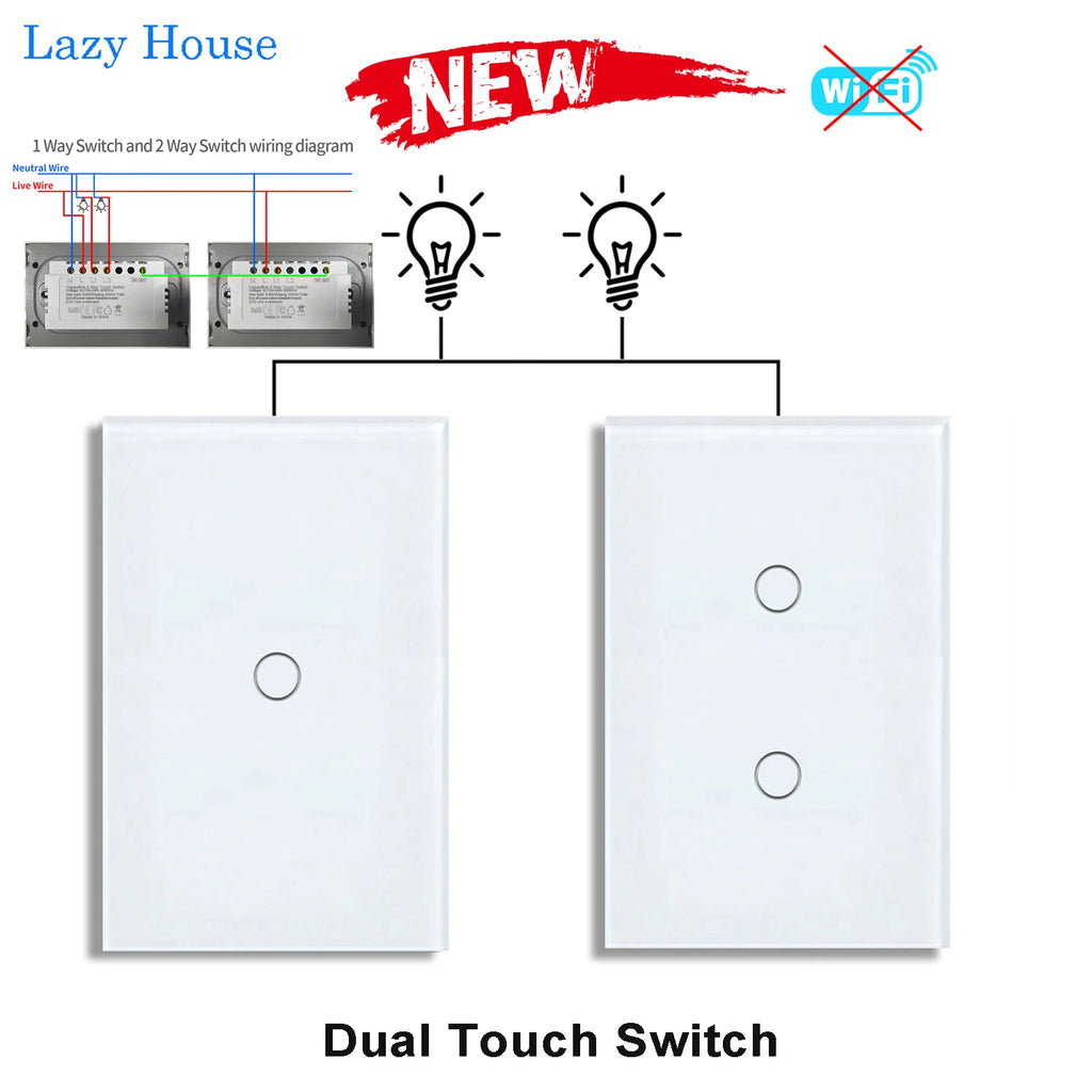Dual Touch Switch 2Way Light LED Sensor Wall Switches With Tempered Glass Panel Bedroom Stair Switch For US BR Country No Wifi