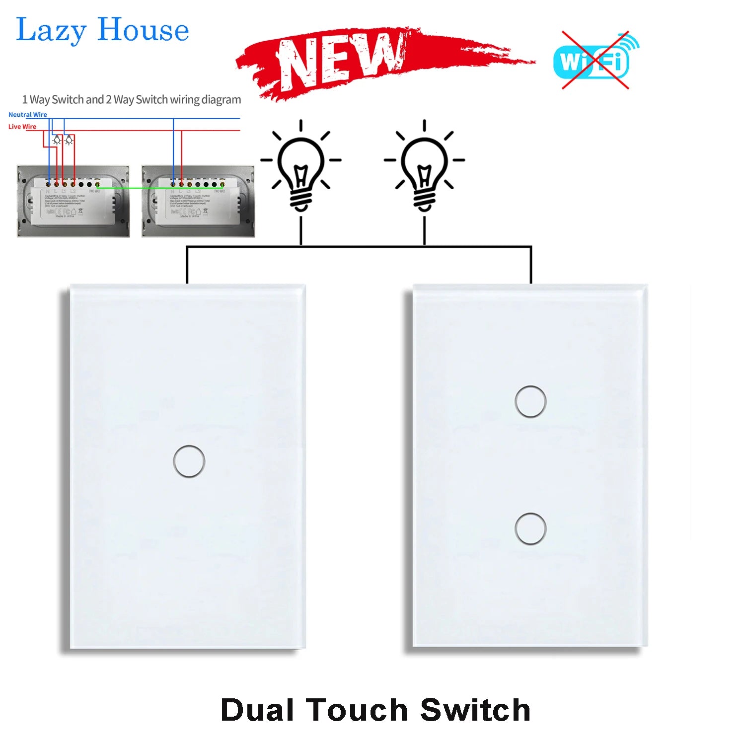 Dual Touch Switch 2Way Light LED Sensor Wall Switches With Tempered Glass Panel Bedroom Stair Switch For US BR Country No Wifi