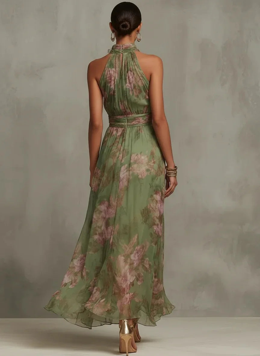 new Flower Print Women's Sleeveless Halter Maxi Dress Summer Fashion High Neck Ruched Waist Elegant Chic Holiday Party Dress