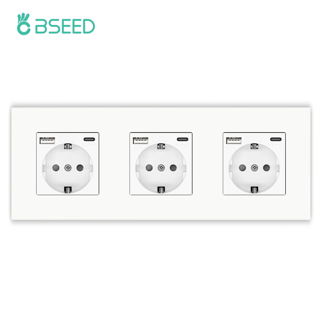 BSEED EU Wall Sockets Type-C USB Power Sockets Double Electric Sockets Triple Outlets Plastic Frame Germany Socket With Dual USB