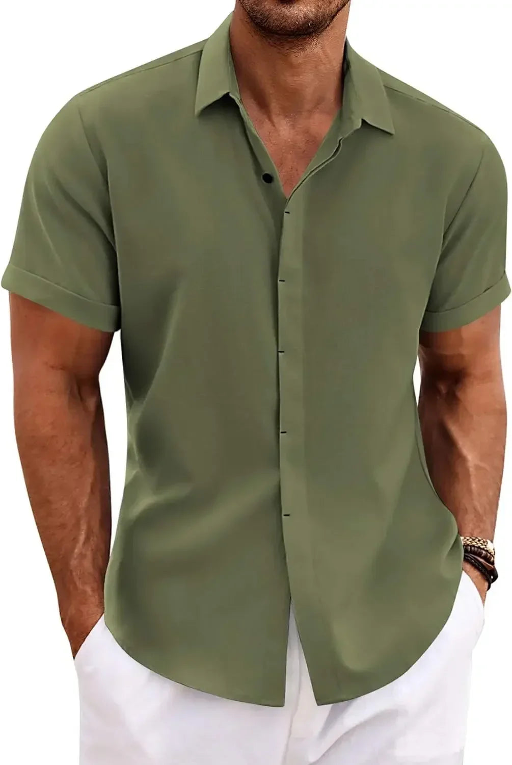 Men's Fashion Casual Solid Color Shirt Pullover Button Linen Cotton Comfortable Daily Top Short Sleeve Shirt Beach Summer Shirt
