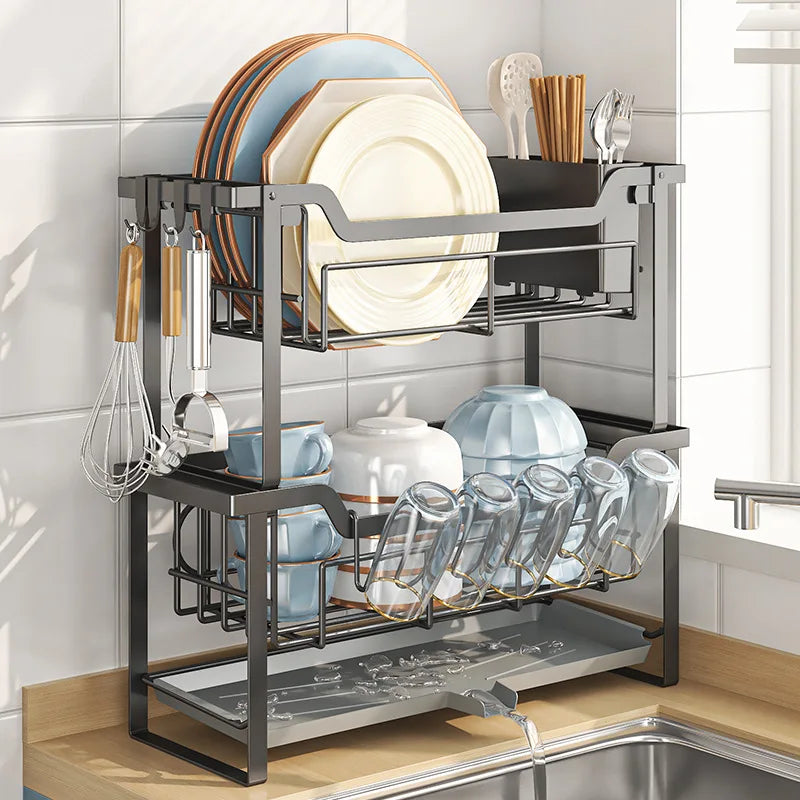 Kitchen Rack Double Layer Dish Sink Storage Rack Drain Rack Multifunctional Household Bowls, Plates, Chopsticks and Cup Rack