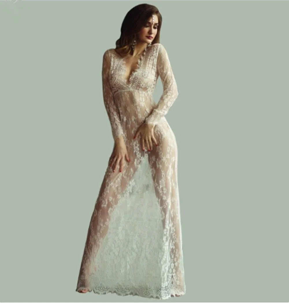European Style Sexy Deep V Lace Mesh Long Sleeve Bodycon Maxi Dress Trailing Evening Party Dress
