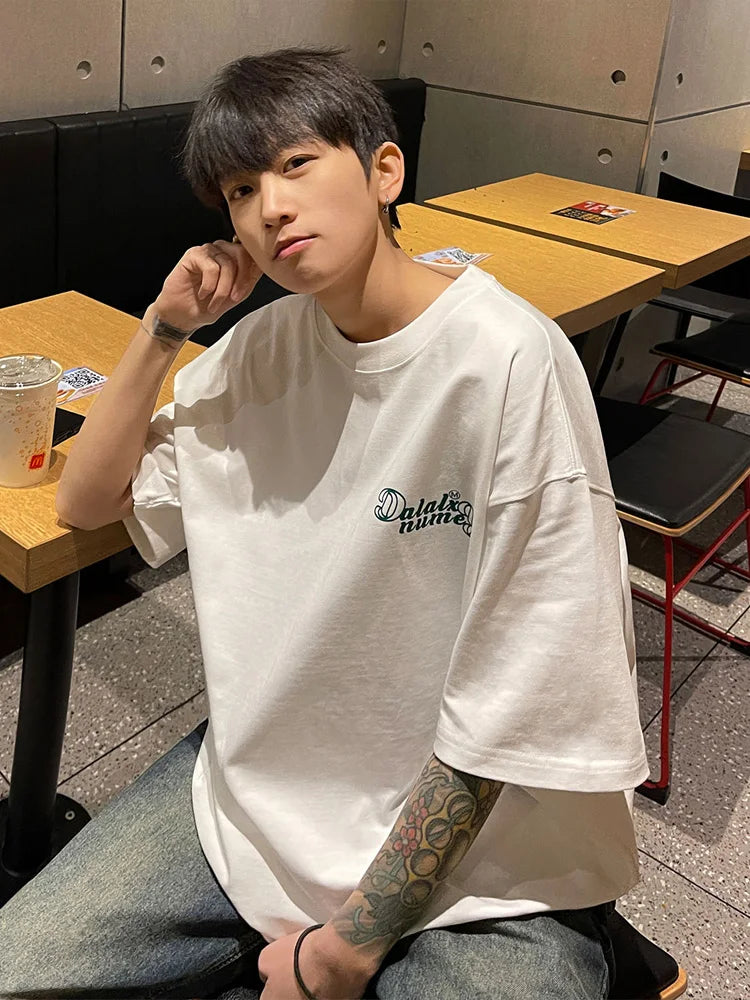 Forest Green Heavyweight Cotton American Style Men's T-shirt Short Sleeve Vibe High Street Seven Sleeve Summer T-shirt
