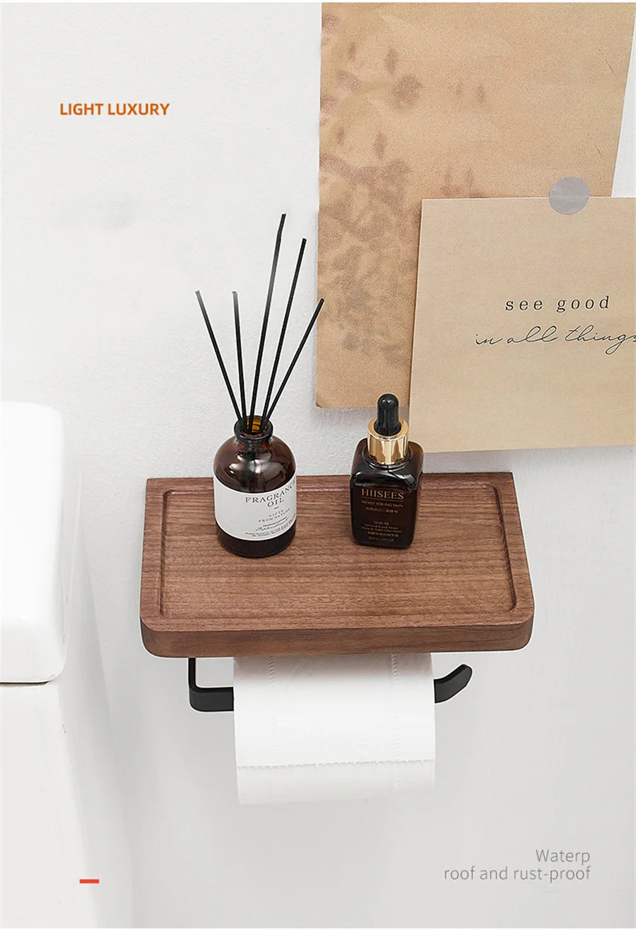 Wooden Toilet Paper Holder With Shelf Wall Mount Rustproof Matte Black Toilet Paper Holder Wall Mount Toilet Paper Roll Holder