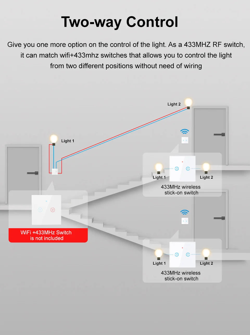 Wireless Radio Frequency RF 433Mhz Switch 1/2/3 Gang Smart Touch Switch Remote Control Tempered Glass Panel Wireless Wall