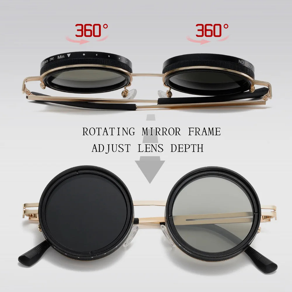 Driving Sunglasses Men Adjustable Sunglasses Round Frame Steampunk Sun glasses Color-changing ND 9 Polarized Lenses Sun Glasses