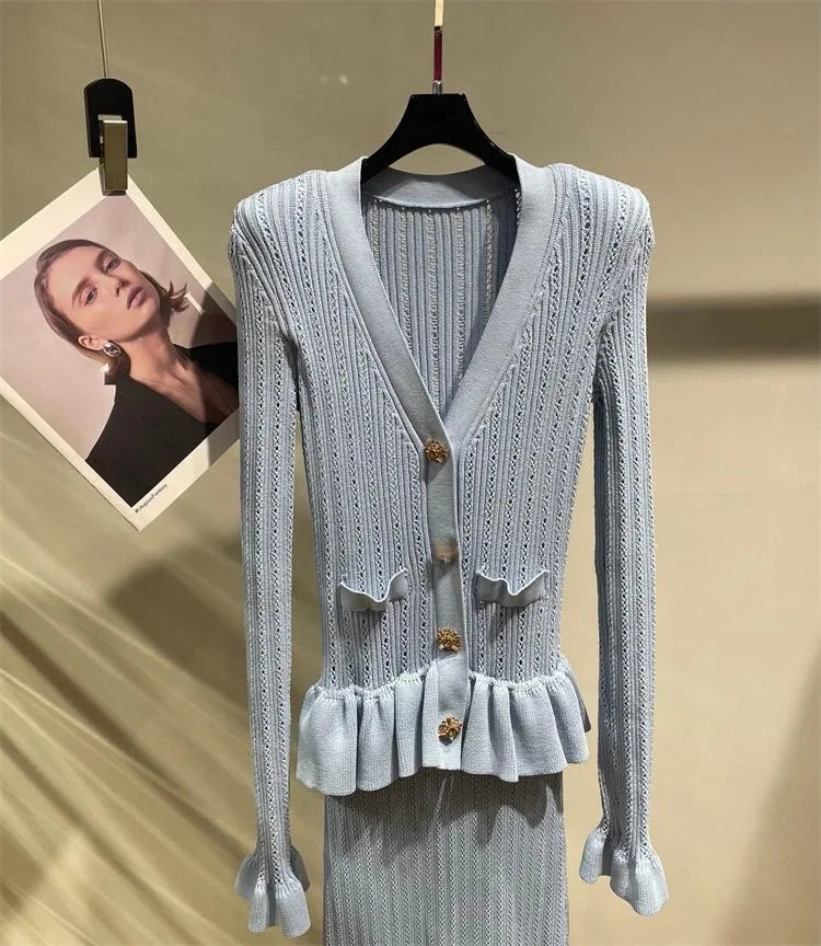 Celebrity temperament blue V-neck knitted women's dress ruffled splicing stretch Slim long fishtail dresses 2024 summer new