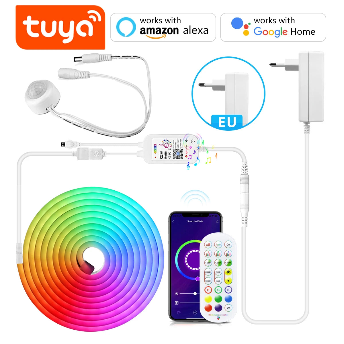 12V Smart Wifi APP Control LED Light RGB Neon Strip Night Light with PIR Motion Sensor Dimmable Silicone Tape Voice Assistant