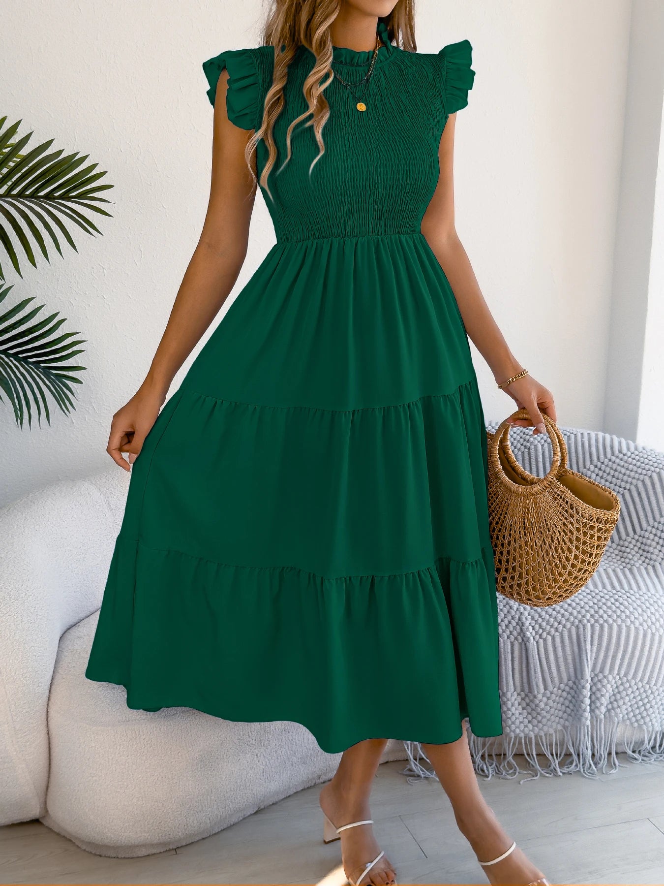 Spring Summer Elegant Ruffled Dresses for Women 2026 Casual Vacation Solid Color Round Neck Sleeveless Long Dress Blue Green
