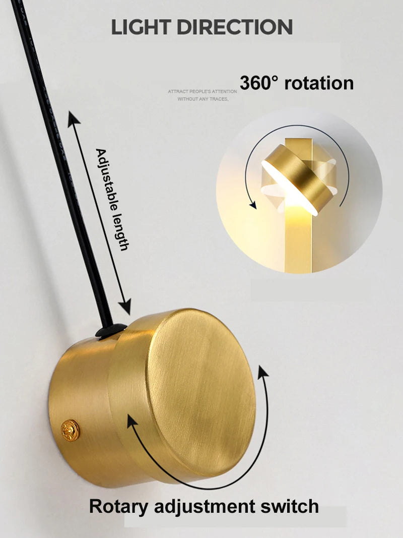 Modern Wall Lamps 360° Rotation Dimming Switch Wall Lights for Bedroom Study Room Decor Living Room Gold Black 12W