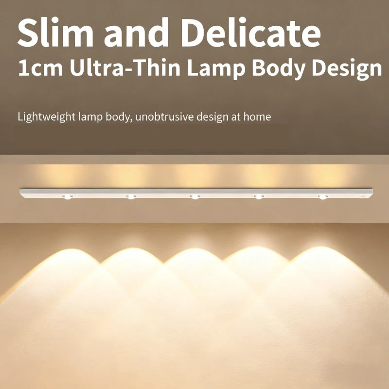 Smart LED Motion Sensor Light Strip - Thin Cat-Eye Hill Design, Rechargeable Self-Adhesive for Wardrobe/Wine Cabinet/Cabinet