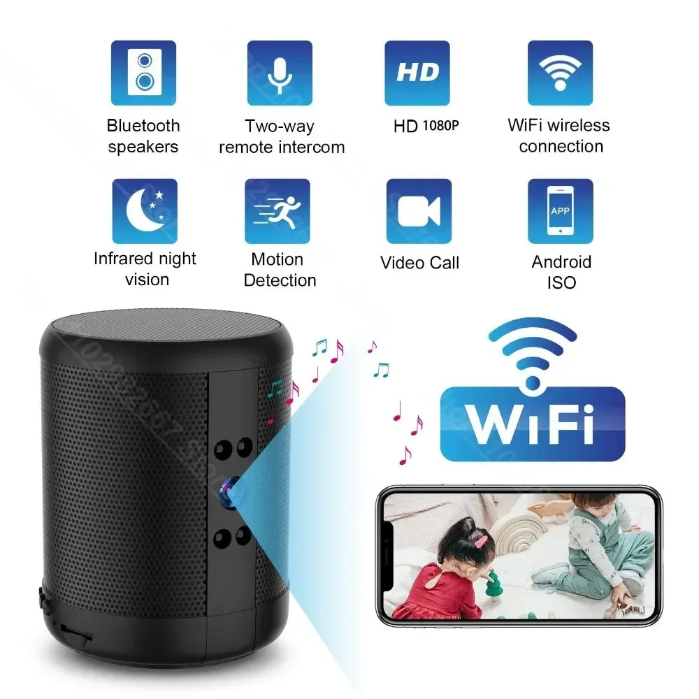 Mini Home Security Surveillance Camera, 4K HD, WiFi, Bluetooth Speaker, Two-Way Remote Intercom, Night Vision Cam,  Battery