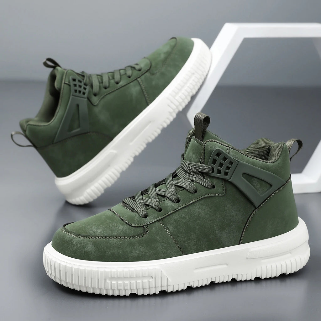 Men's Green High Top Sneakers Casual Leather Skate Shoes Lace-up Platform Streetwear Ankle Boots