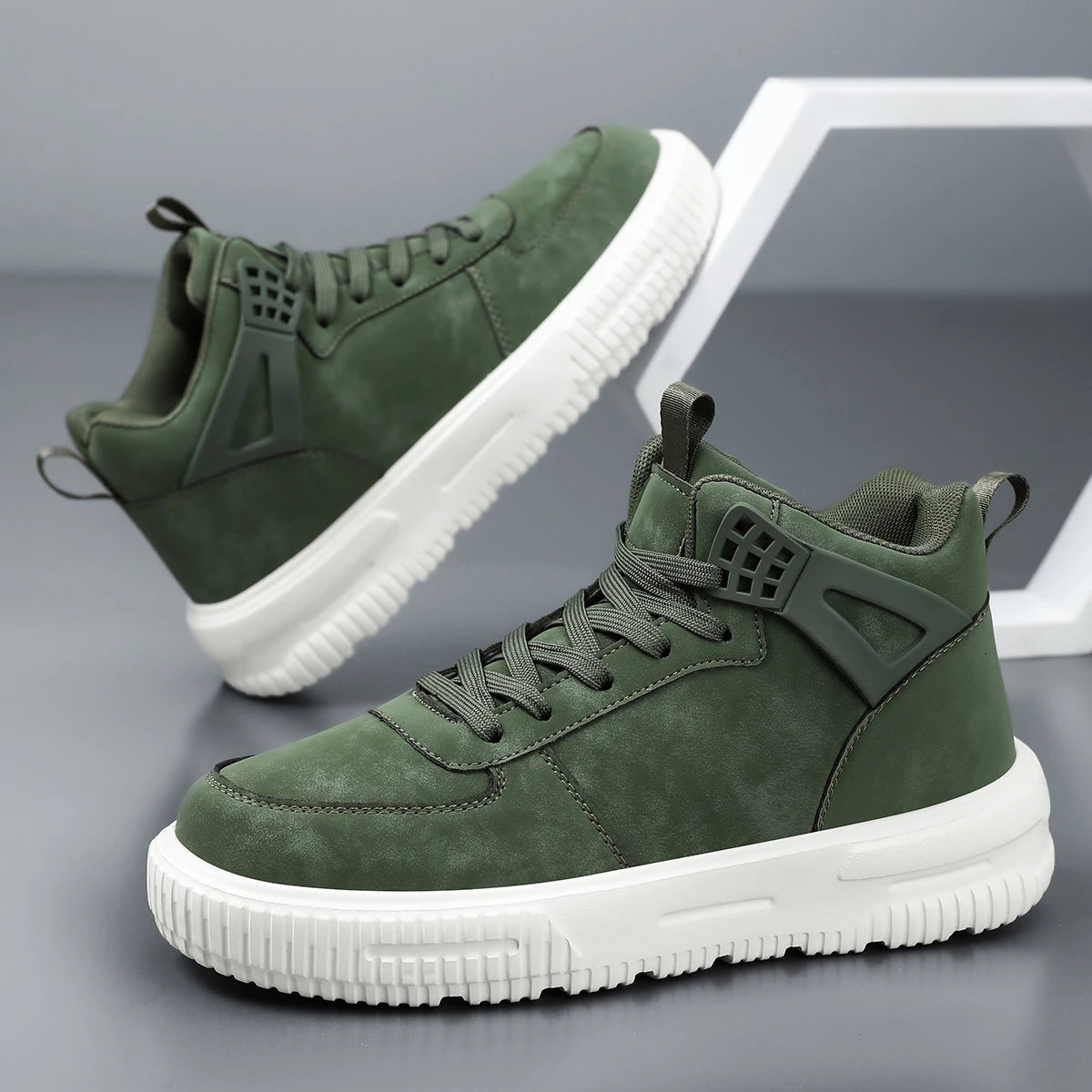 Men's Green High Top Sneakers Casual Leather Skate Shoes Lace-up Platform Streetwear Ankle Boots
