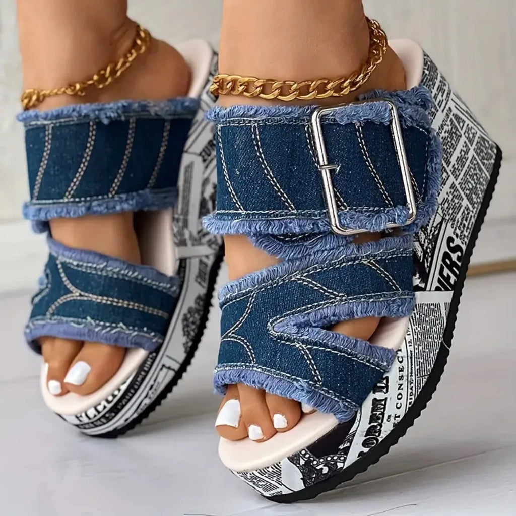 Women Sandals Casual Fashion Vacation Daily Shoes Women Summer New Buckled Denim Platform Wedge Sandals Women Zapatos De Mujer