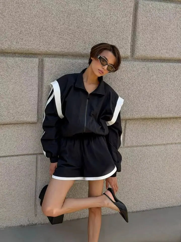 Lady'snavy Chevron Stripe Windbreaker Tracksuit Zip Cropped Jacket Contrast Trim Shorts 2026 Casual Sport Daily Jogging Street
