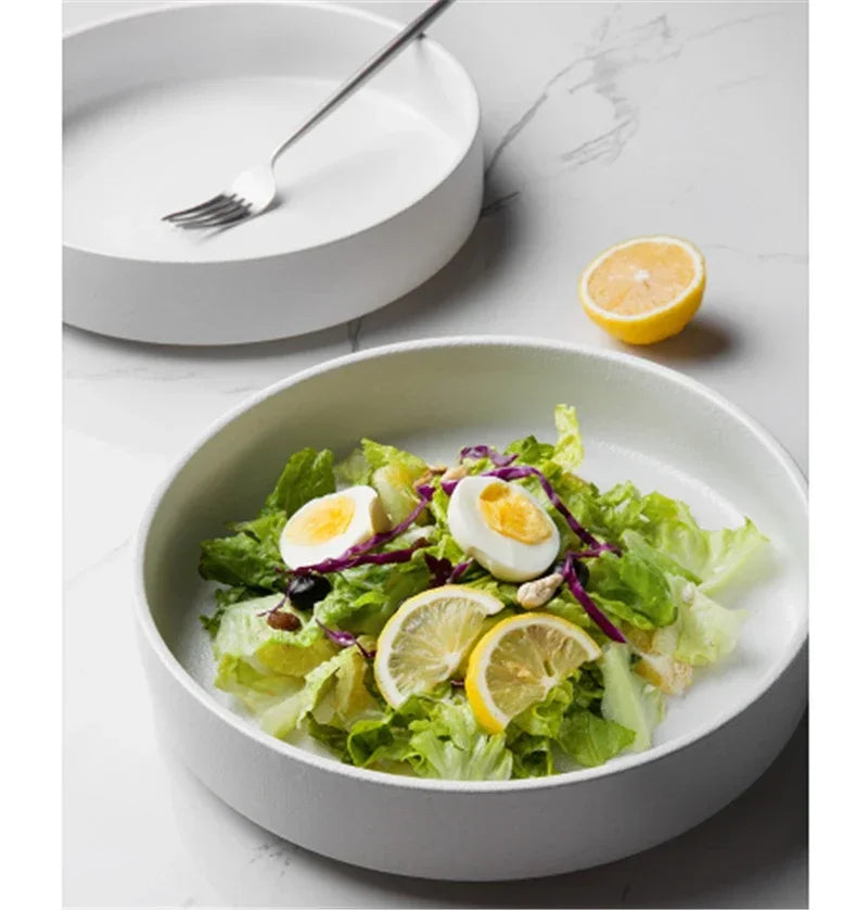 Simple black and white deep plate soup plate Western dish round dish salad plate frosted ceramic large baked household