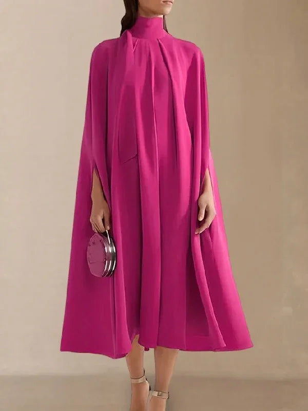 Women Elegant Solid Color High-Neck Party Evening Dresses 2025 New Spring Batwing Sleeves Lace-Up Banquet Robe Vestido
