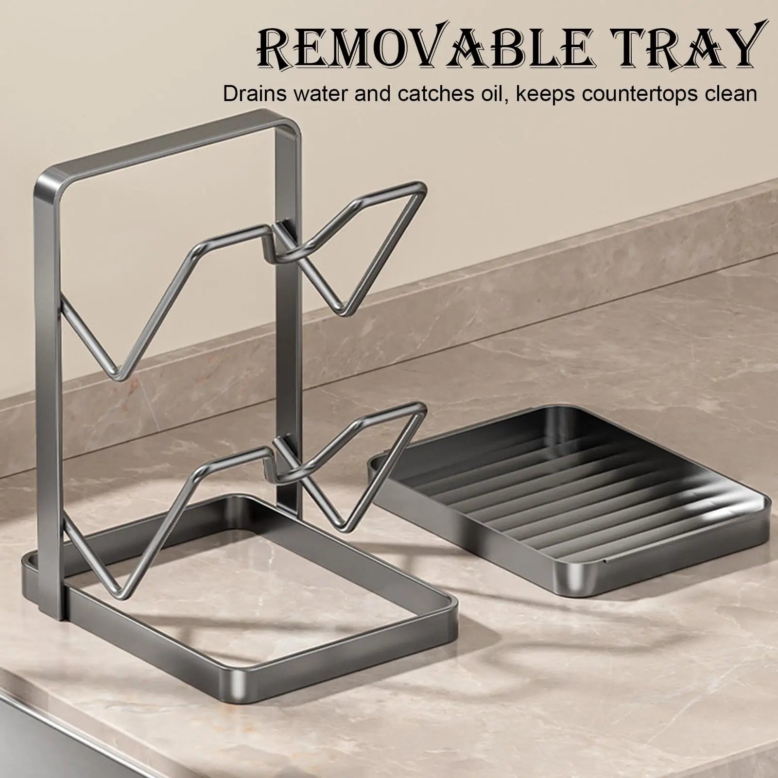 Kitchen Pot Lid Rack No Drill Pot Lid Organizer Kitchen Space Saving Countertop Organizer Rack with Drainage Tray  Storage Rack