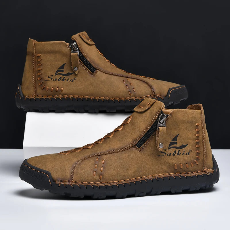 Handmade Leather Casual Shoes For Men Sneakers Men Flat Footwear Zipper Leather Boots Men Ankle Plus Size 39-48