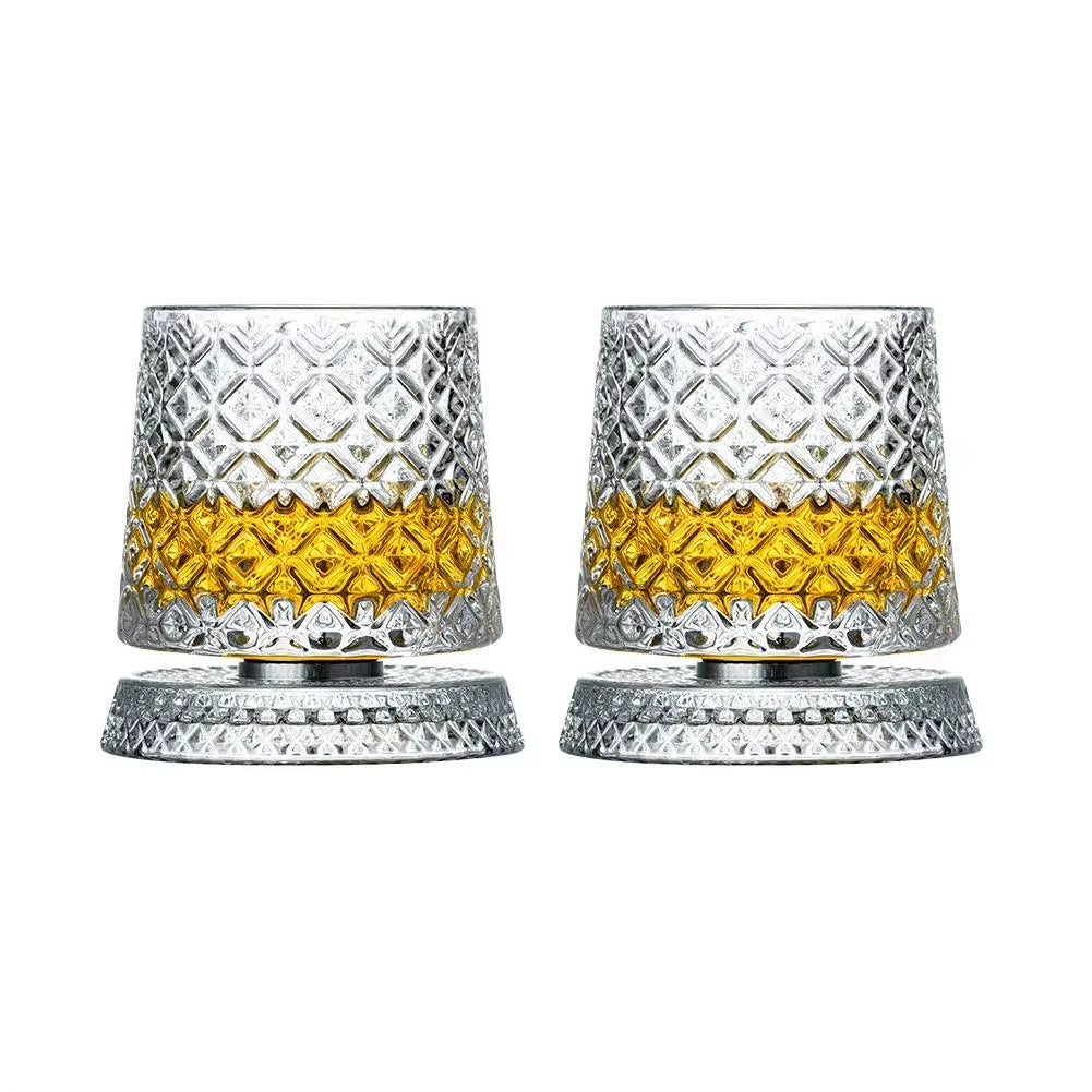 2PCS Whiskey Glasses Rotating Whisky Glass With Glass Base 360 Rotate Degrees Crystal Rum Glass For Cocktail Party Drinking Gift
