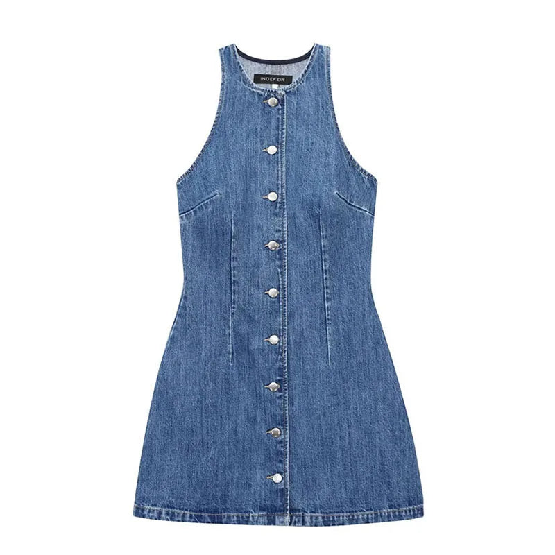 Women Denim Short Dress Round Neck Sleeveless Vest Style Single Breasted Design Solid Color Simple Daily Casual Versatile Dress