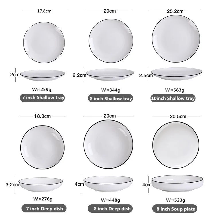 White With Black Edge Dinner Plate Ceramic Kitchen Tray Food Dishes Rice Salad Noodles Bowl Soup Kitchen Cook Tool 1pcs Sale