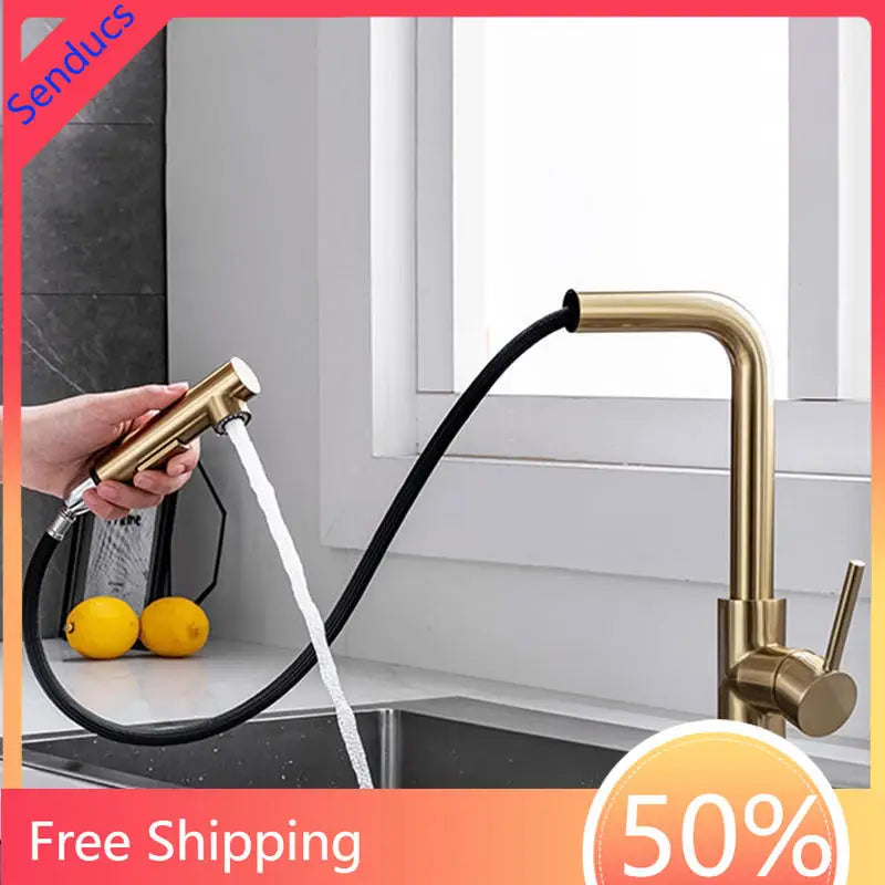 Stainless Steel Kitchen Sink Faucet Pull Out Sprayer Hot Cold Water Mixer Tap Deck Mounted Single Hole Modern Kitchen Tap