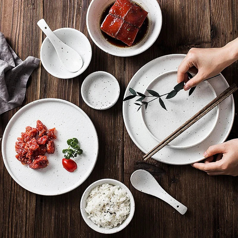 Japanese-style Tableware Set Bowls and Plates Round White Ink Point Dinner Plates Home Creative Western Dishes Dinner Plates