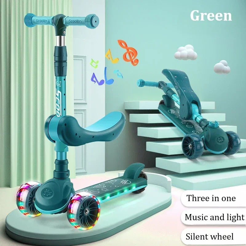 2-in-1 Scooters Kids 3 Wheel Kick Scooter for Boys Girls Adjustable Height & Seat Non-Slip Deck Sit or Stand Ride with Brake