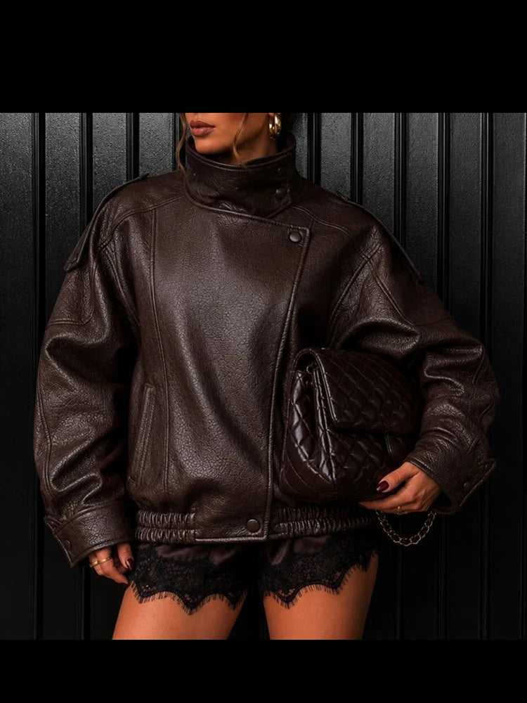 Fashion Black Faux Leather Short Jackets Women Retro High Neck Long Sleeve Oversized Coats Lady Autumn Winter Classic Streetwear