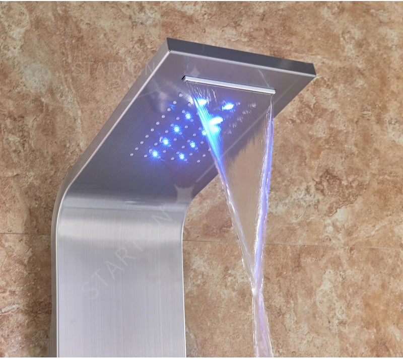 LED Light Bathroom Shower Panel Intelligent LCD Shower Column System with 6 Modes Rain Waterfall Massage Jet Bath Mixer Tap
