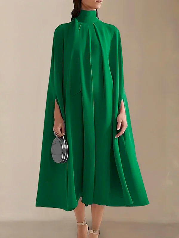 Women Elegant Solid Color High-Neck Party Evening Dresses 2025 New Spring Batwing Sleeves Lace-Up Banquet Robe Vestido