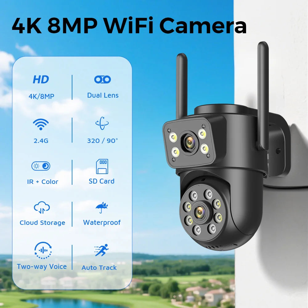 Dual Screen WiFi Security Camera 4K 8MP Dual Lens Surveillance Camera Human Detection Night Vision 5X Zoom Home Outdoor Security