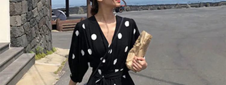 plus Size Polka Dot Chiffon Dr Romantic Slimming Long Skirt V Ne Elastic Waist Summer Faionable Casual Vintage Sle