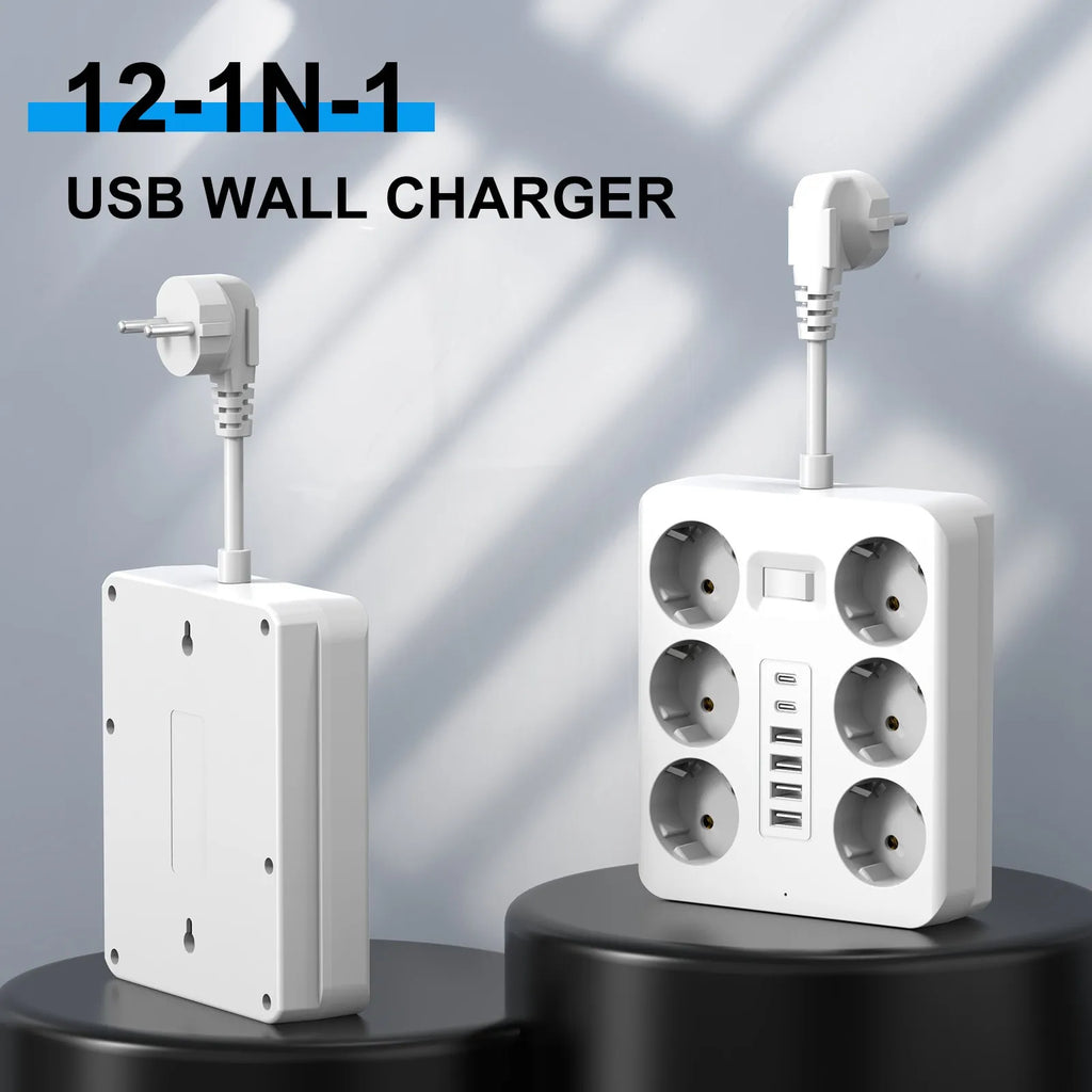 Wall Socket Extender with 6 AC Outlets 4 USB Ports 2 Type-C EU Plug Charger Electrical Switch For Home Power Strip Socket