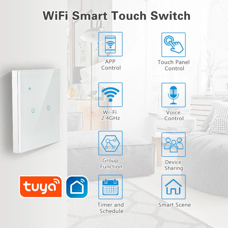 UBARO 86×86mm 1/2/3/4 Gang WiFi Smart Touch Switch, Tuya App/Voice Control, Timer, 2-Way/1-Way, Neutral Required