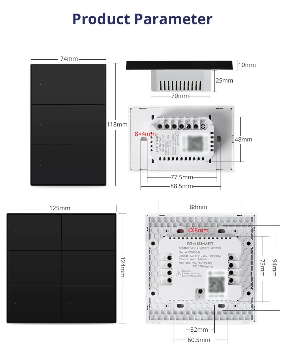 Matter Over WiFi US Smart Wall Light Switch 1 2 3 4 6 Gangs with Black Button Neutral Required Homekit SmartThings App Control