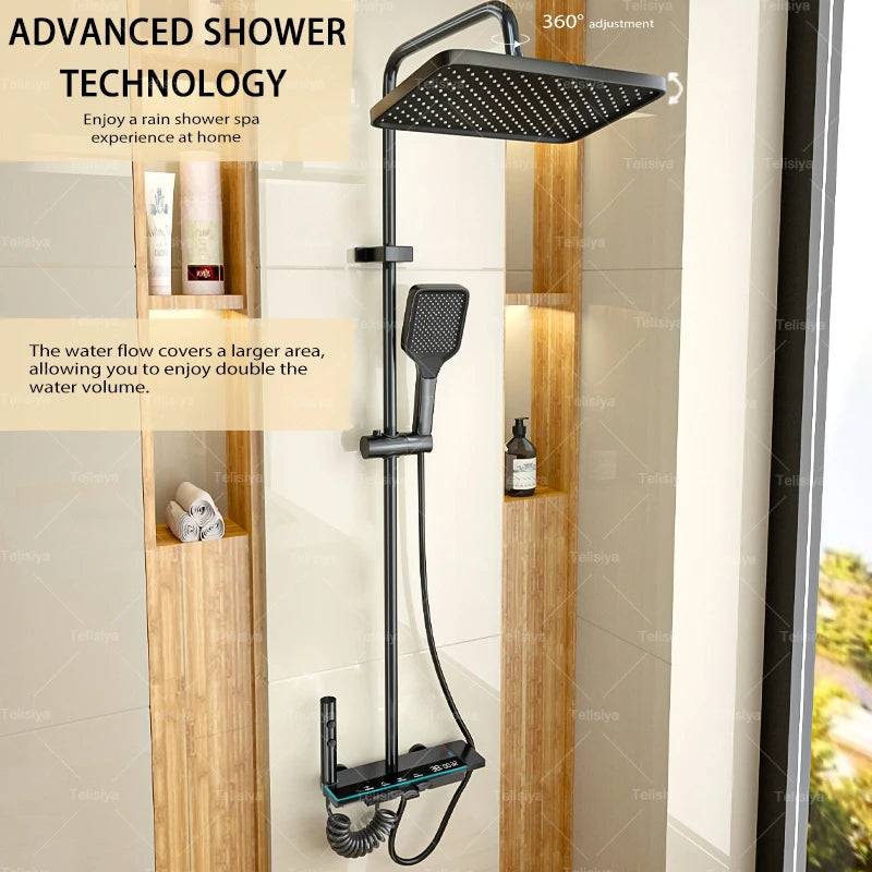 Gun Grey Bathroom Shower Set Digital Display FourFunction Shower System Rainfall Pressurized Piano Key Shower Faucet Set