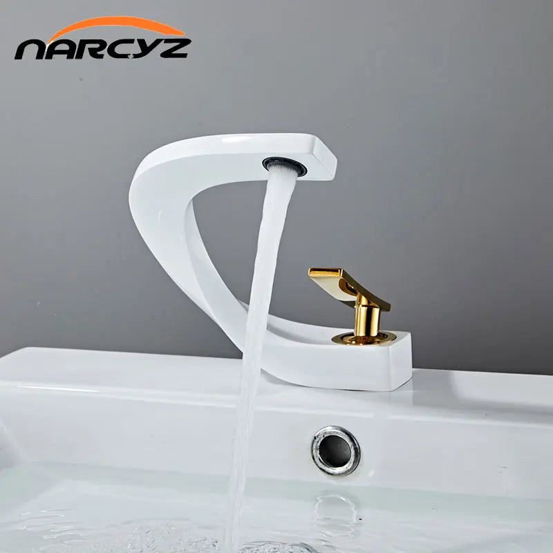 Basin Faucet  Brass Hot and Cold Wash Basin Faucet White with Gold Bathroom Basin Modern Minimalist Creative Faucet PP-12085