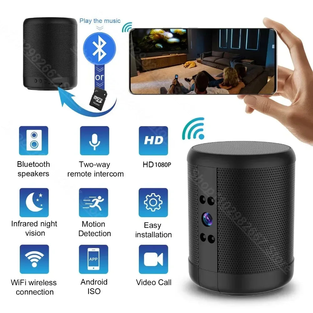 Mini Home Security Surveillance Camera, 4K HD, WiFi, Bluetooth Speaker, Two-Way Remote Intercom, Night Vision Cam,  Battery