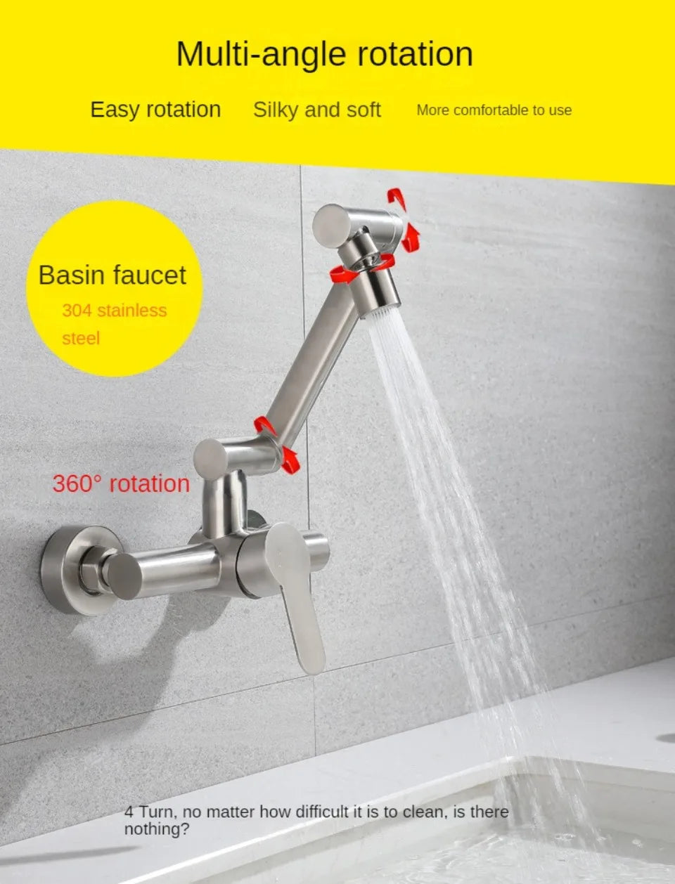 Stainless Steel Foldable Basin Faucet Wall Mounted Bathroom Kitchen Sink Washbasins Cold Hot Water Mixer Tap 360 Degree Swivel