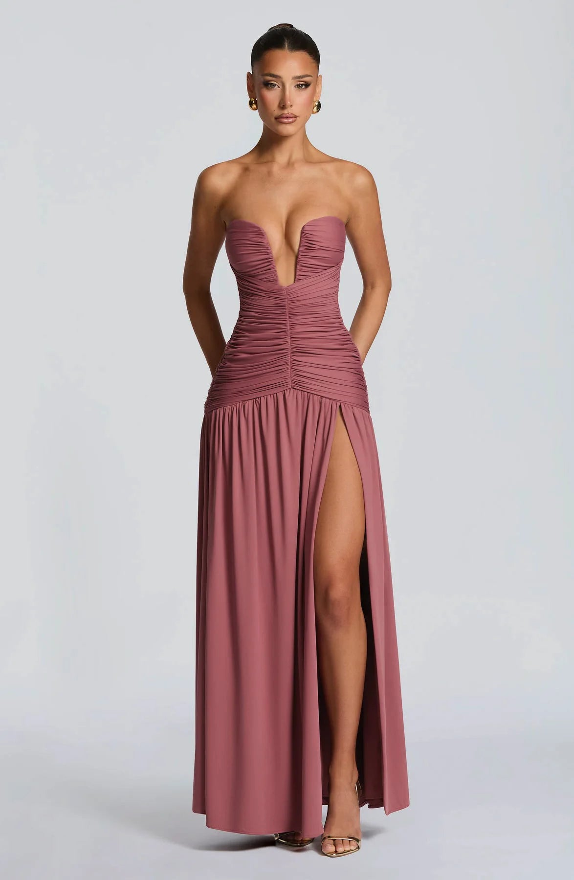 Elegant Lady Solid Maxi Dress Sleeveless Off Shoulder Deep V-neck High Split Pleated Satin Gown 2026 Women New Dinner Party Wear